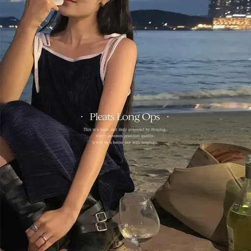[구김ZERO/무게감↓][휴양지룩💙][MADE] 써니츠 플리츠 배색 리본끈나시 롱 원피스(44~110) (여름원피스-썸머원피스-빅사이즈원피스-나시롱원피스-뷔스티에원피스-휴앙지원피스-트임롱원피스)