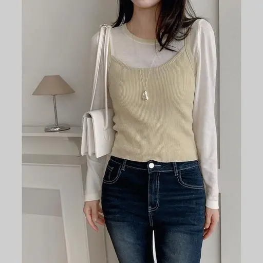 [SET/5컬러]클린레이어드 배색긴팔티&골지뷔스티에세트