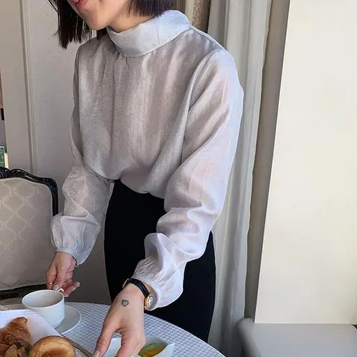 글로시어 하이넥 타이블라우스[size:44반~66]